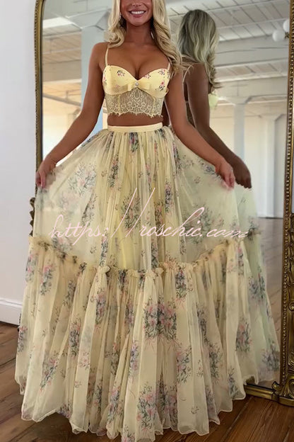 Vita Floral Satin Bow Lace Back Lace-up Crop Tank and Tulle High Rise A-line Maxi Skirt Set