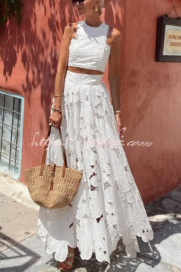 Next Trip Floral Embroidery Crochet Lace Crop Tank Top