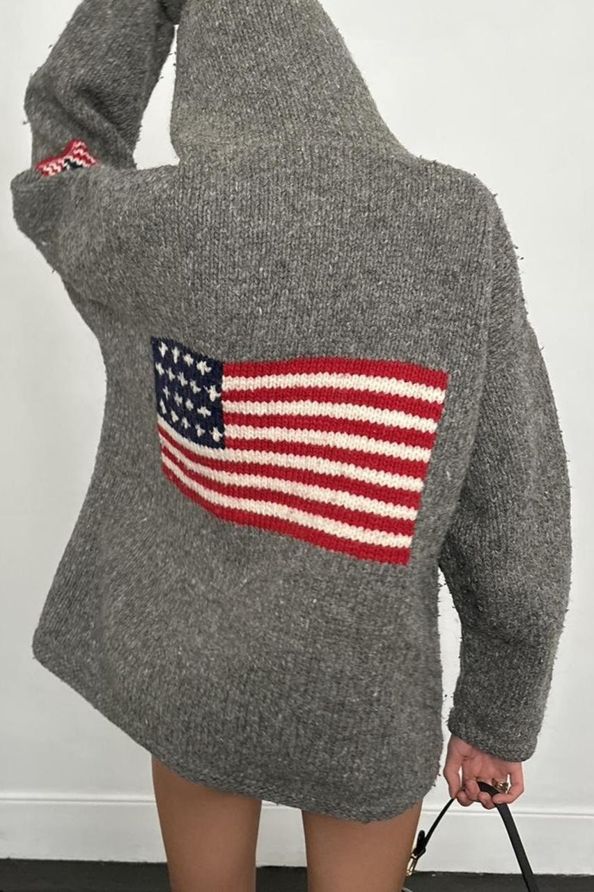 Sudadera con capucha y cremallera de punto con gráfico de bandera chic