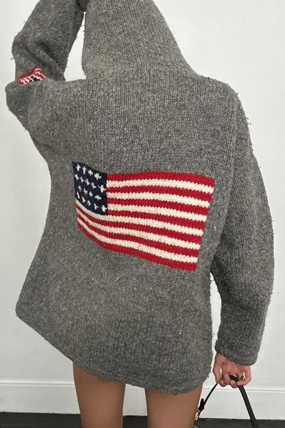 Sudadera con capucha y cremallera de punto con gráfico de bandera chic