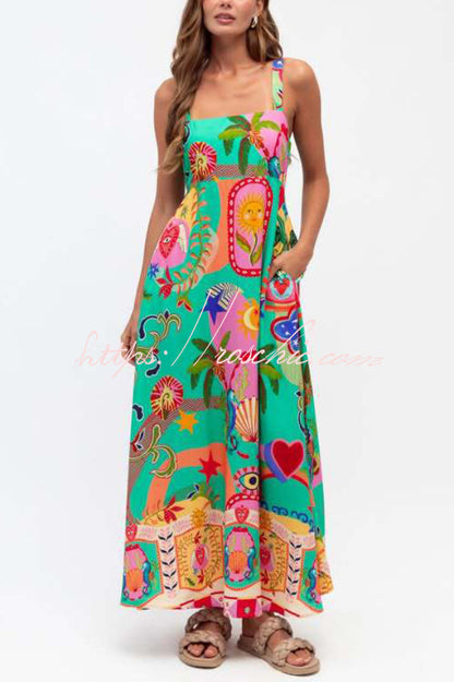 Unique Print Square Neck Spaghetti Strap Back Pleated Casual Maxi Dress