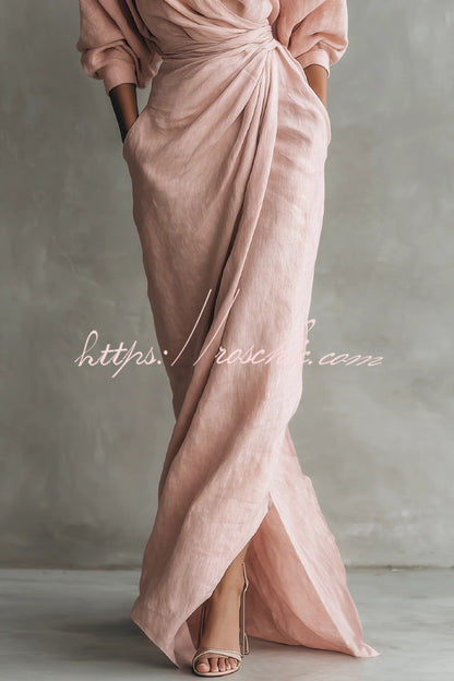 Linen Blend Loose V-neck Pleated Waist Casual Pocket Maxi Dress