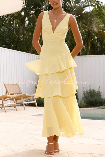 Solid Color V-neck Sleeveless Elegant Layered Maxi Dress
