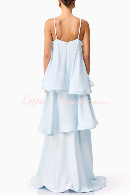 Soft and Smooth Satin Tiered Slip Square Neck A-line Maxi Dress