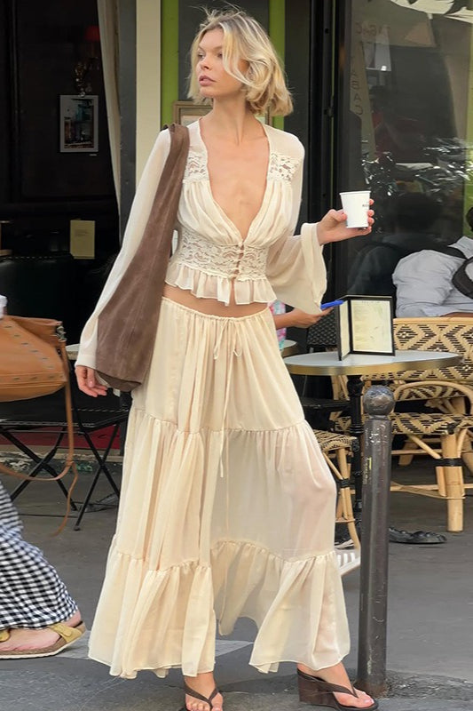 Conjunto de Falda Atada de Encaje y Gasa Transparente Sexy