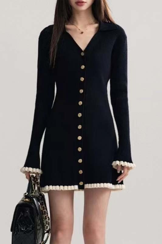 Vestido suéter negro con cuello en V de contraste