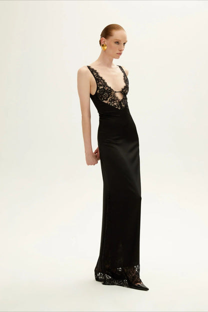 Elegant Deep V Lace Patchwork Lace Dress