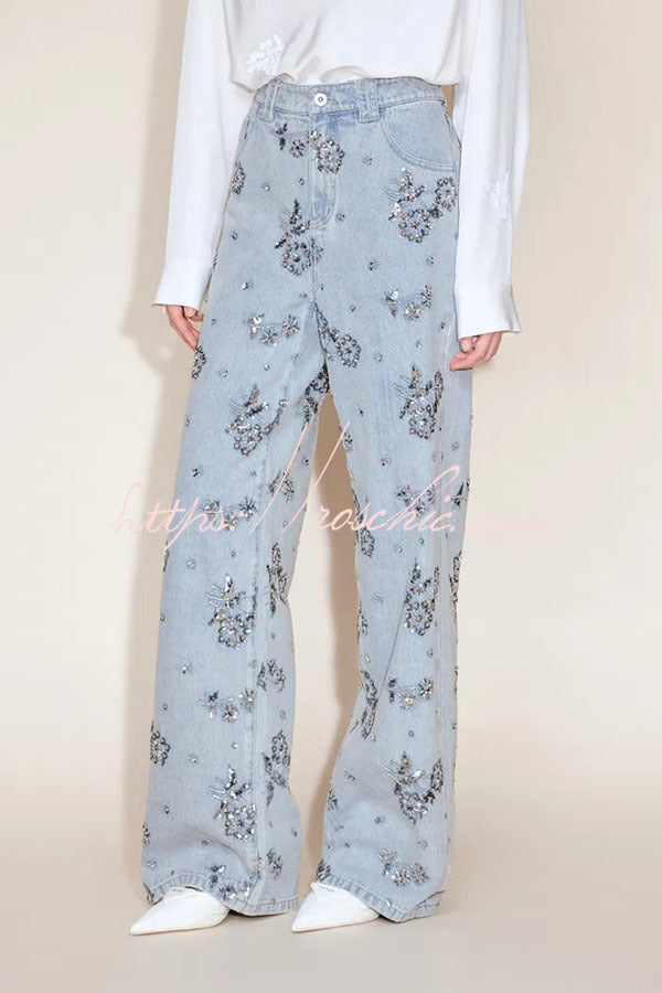 Jhenie Denim Beaded Sequin Floral Pattern Mid Rise Pocket Wide Leg Jeans