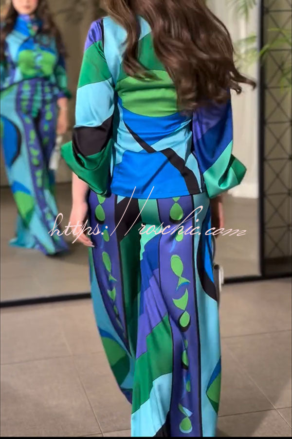 Ellie Satin Unique Print Balloon Sleeve High Low Shirt and Elastic Waist Pocket Loose Pants Set
