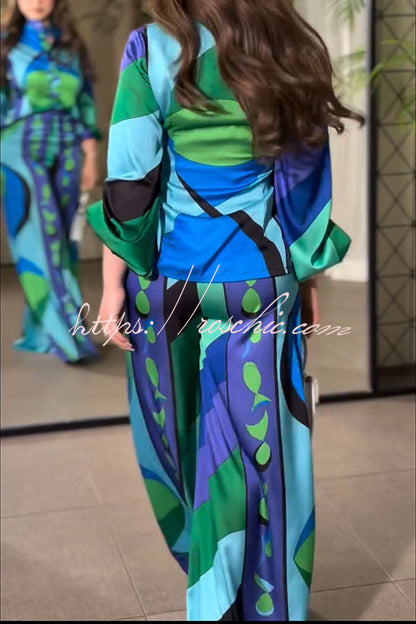 Ellie Satin Unique Print Balloon Sleeve High Low Shirt and Elastic Waist Pocket Loose Pants Set