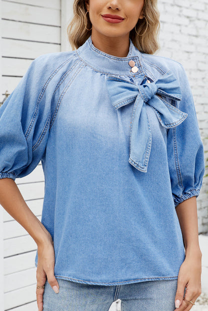 Fashionable Tie-up Bow Loose Lantern Sleeve Denim Top
