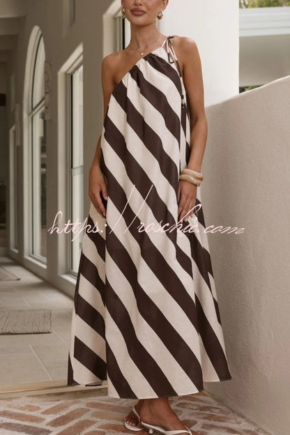 Fashionable Striped Print Loose One-shoulder Tie Vacation Maxi Dress