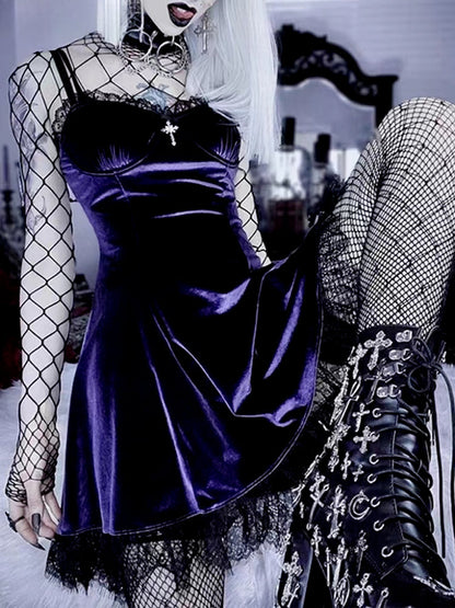 Velvet Gothic  Black Vintage Spaghetti Strap High Waist Aesthetic Elegant Party Dress