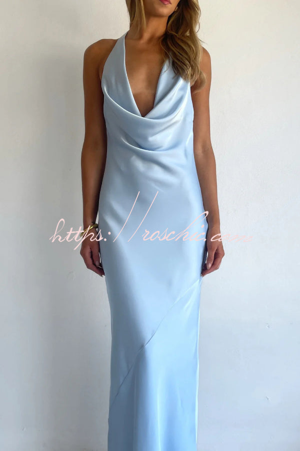 Solid Color Halter Neck Tie Backless Slim Fit Drape Maxi Dress