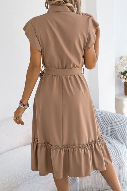 Solid Color Stand Collar Button Waist Tie Casual Midi Dress