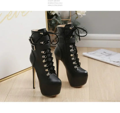 16cm Thin high heel modern metal buckles mid-calf round toes  High Heel
