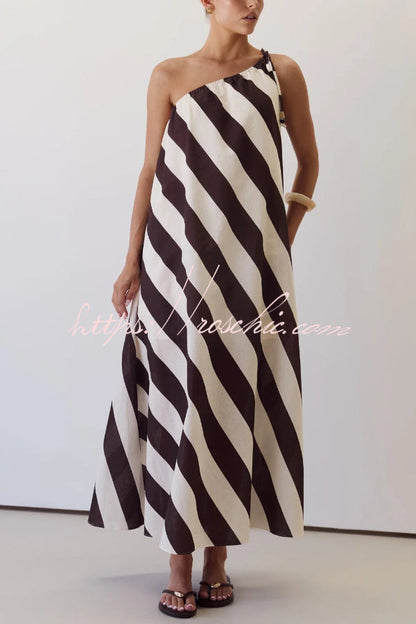 Fashionable Striped Print Loose One-shoulder Tie Vacation Maxi Dress