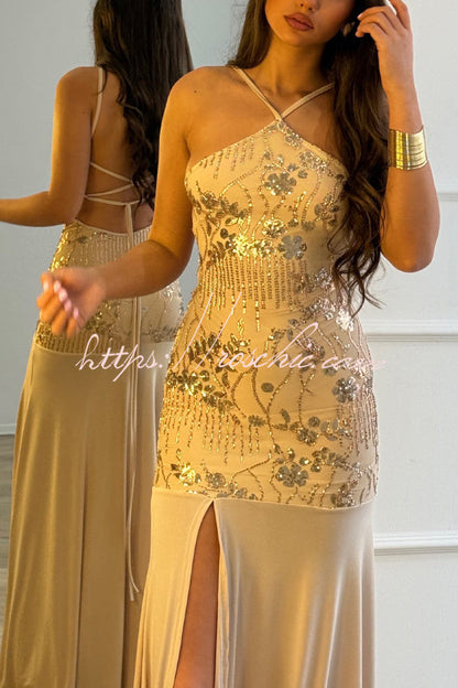 Fashionable Sequined Halter Neck Elegant Slim-fit Slit Maxi Dress