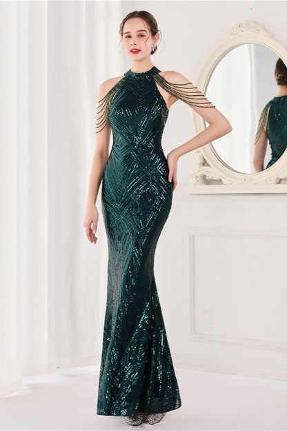 Vestido de fiesta maxi con lentejuelas, escote halter y corte de sirena
