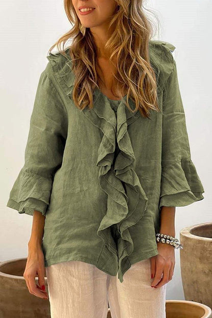 Solid Color V-neck Ruffled Casual Loose Top