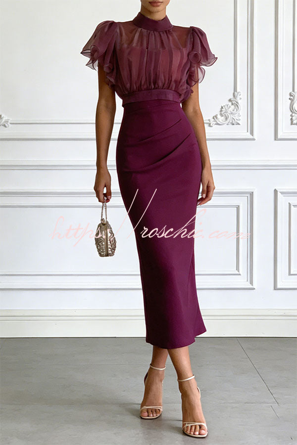 Sheer High-Neck Ruffle Sleeve Back Tie-up Top and Slip Ruched Midi Dress Two Pieces Set