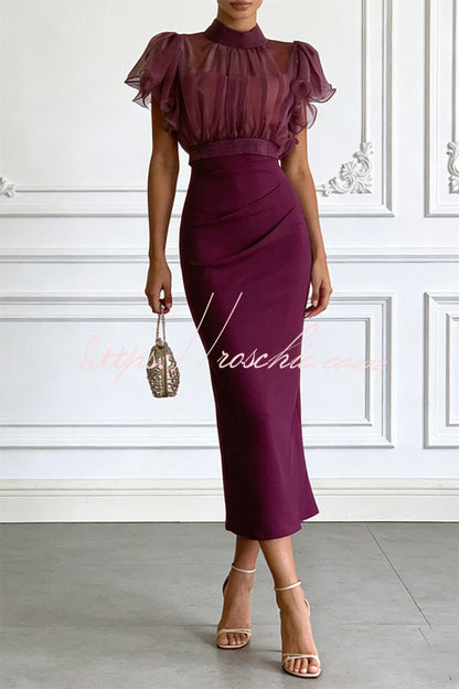 Sheer High-Neck Ruffle Sleeve Back Tie-up Top and Slip Ruched Midi Dress Two Pieces Set