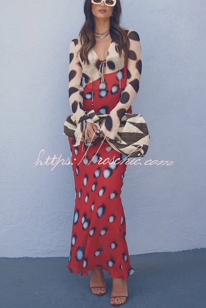 Sabine Animal and Butterfly Print Colorblock Long Sleeve Bias Cut Maxi Dress