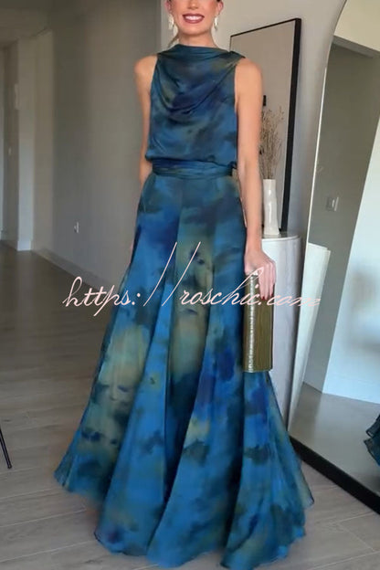 Ione Chiffon Ombré Print Cowl Neck Top and High Rise Maxi Skirt Set with Scarf