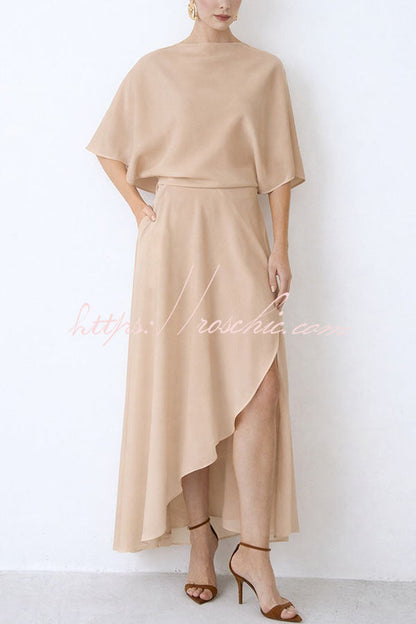 Modern and Elegant Satin Half Wide Sleeve Wrap Style Pocket Slit Loose Maxi Dress