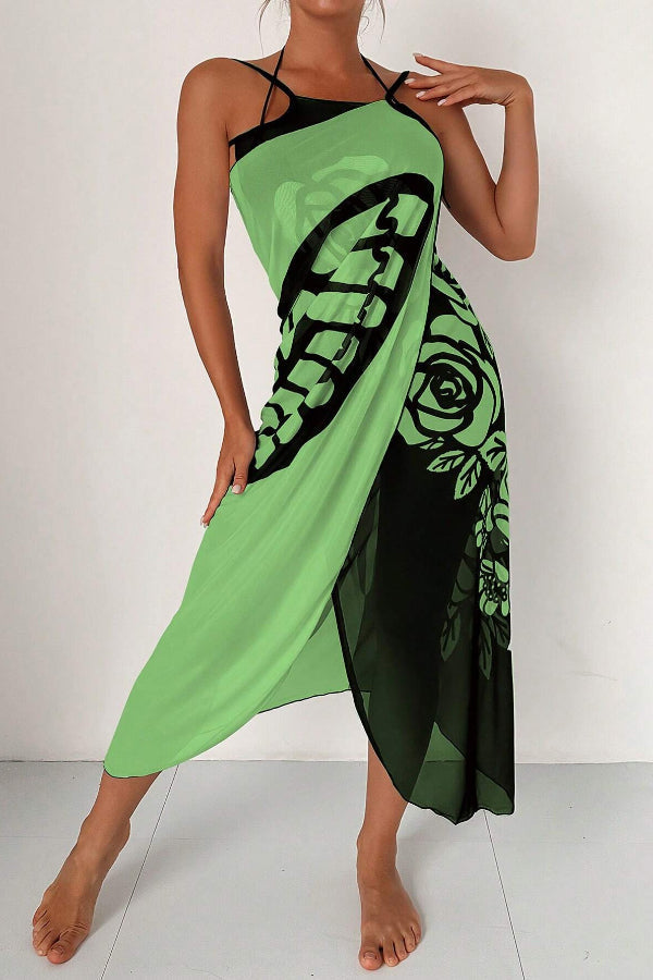 Fashionable Color-blocked Butterfly Print Resort Cover-up Midi Dress