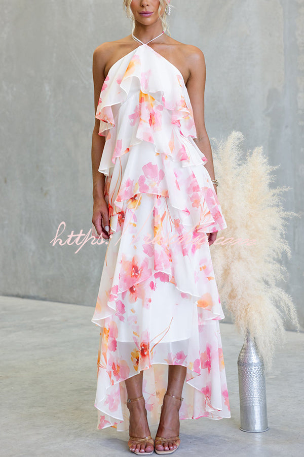 Poetic Eden Chiffon Floral Print Tiered Ruffles Halter A-line Maxi Dress