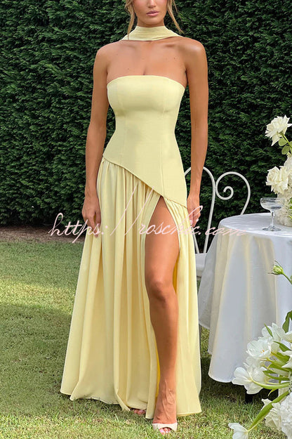 Elegant Off Shopulder Chiffon Pleated Hem Scarf Slit Maxi Dress