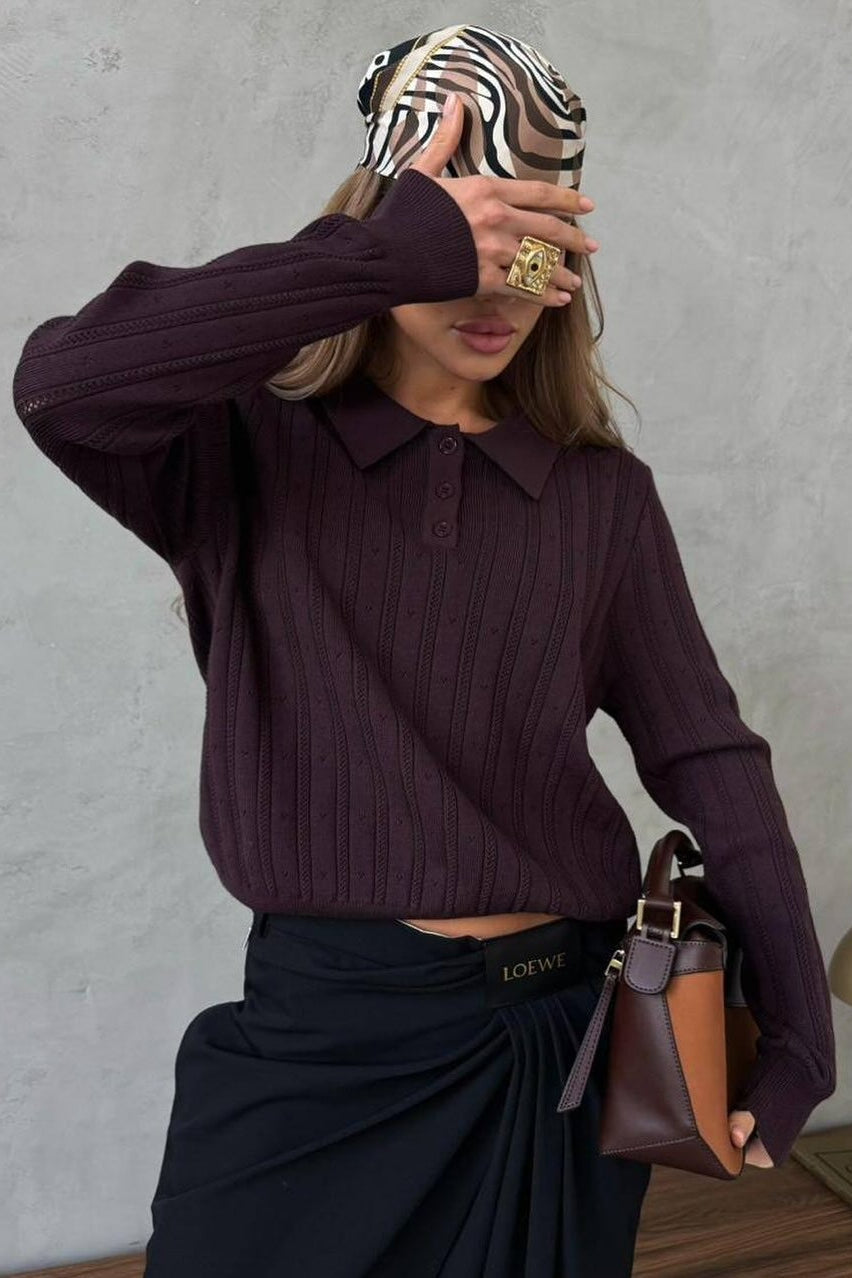 Blusa holgada de manga larga con cuello polo jacquard