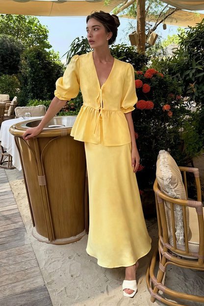 Solid Casual V-Neck Ruffle Short Sleeve Skirt Set