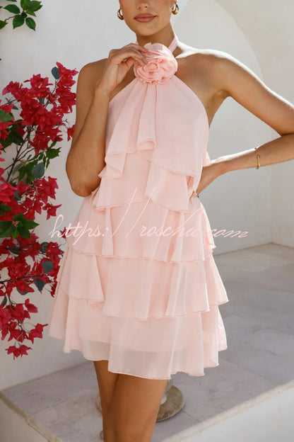Solid Color Chiffon Halter Neck Backless Layered Ruffle Mini Dress
