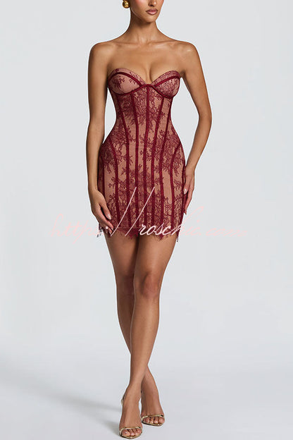 Jaya Floral Lace Contrast Structural Detail Back Lace-up Strapless Slit Mini Dress