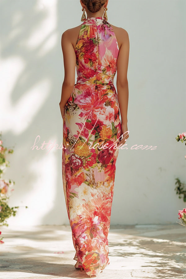 Garden Glamour Chiffon Floral Print High Neck Sleeveless Slit Maxi Dress