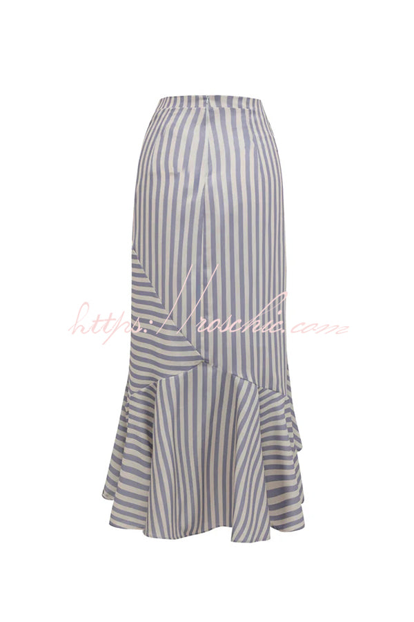 Tierra Striped V-neck Batwing Sleeve Loose Shirt and High Waist Irregular Fishtail Hem Midi Skirt Set