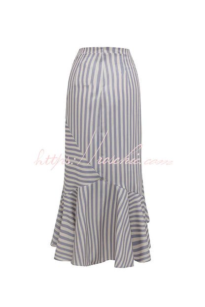 Tierra Striped V-neck Batwing Sleeve Loose Shirt and High Waist Irregular Fishtail Hem Midi Skirt Set