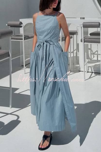Solid Color Sleeveless Side Slit Tie-up Casual Vacation Pocket Maxi Dress