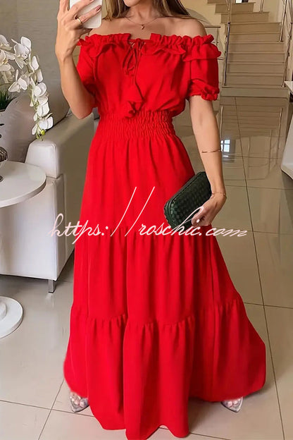 Admit Your Feelings Off Shoulder Smocked Waist Maxi Dress