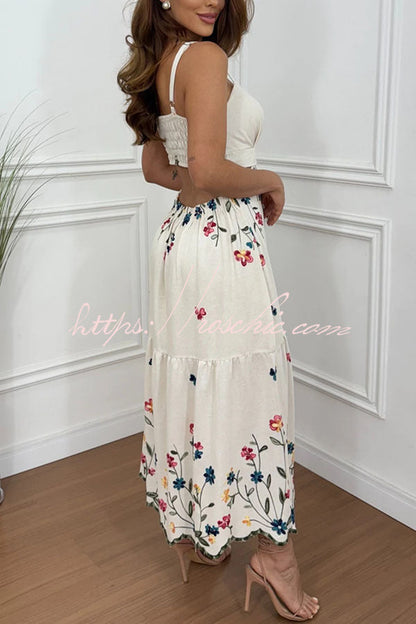 Vanie Linen Blend  Floral Print Cutout Waist Back Smocked Slit Maxi Dress