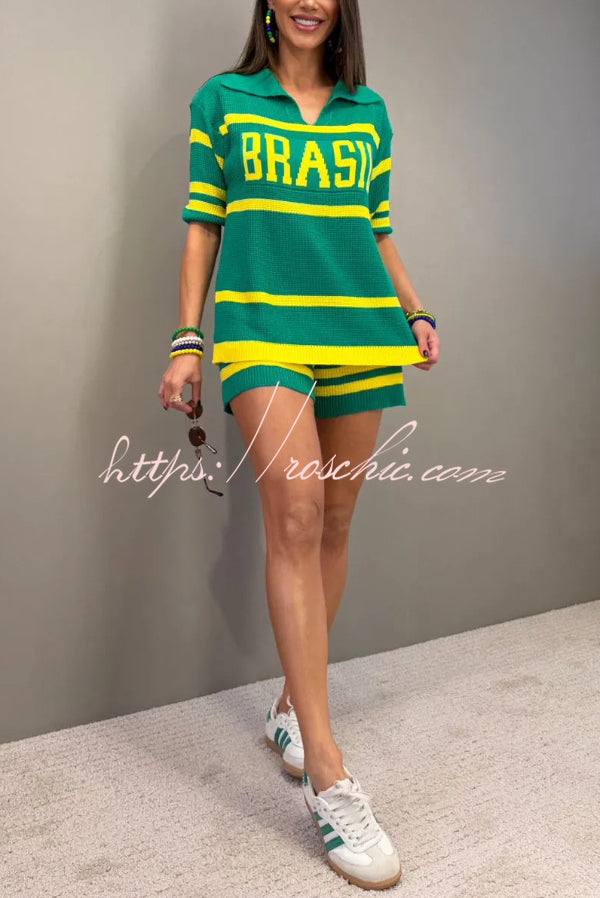 World Cup-themed Jacquard V-neck Short-sleeved Loose-fitting Top and Casual Stretch Shorts Knit Set