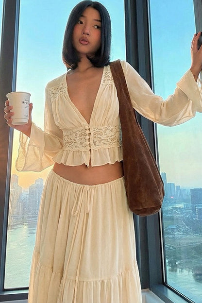 Conjunto de Falda Atada de Encaje y Gasa Transparente Sexy