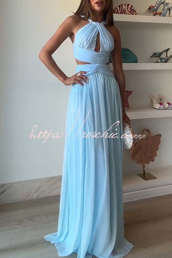 Graceful Modern Chiffon Twist Halter Neck Cutout Pleated Maxi Dress