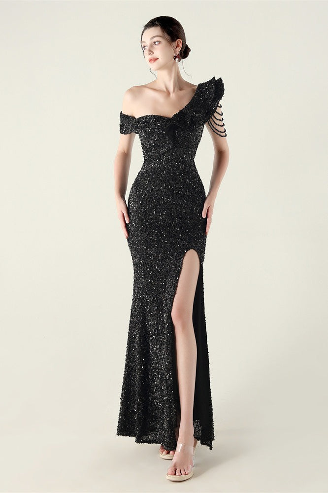 Vestido de fiesta formal con volante y un solo hombro drapeado