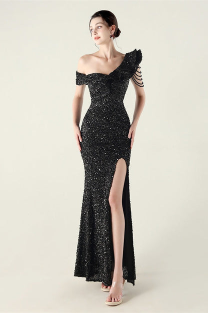 Vestido de fiesta formal con volante y un solo hombro drapeado