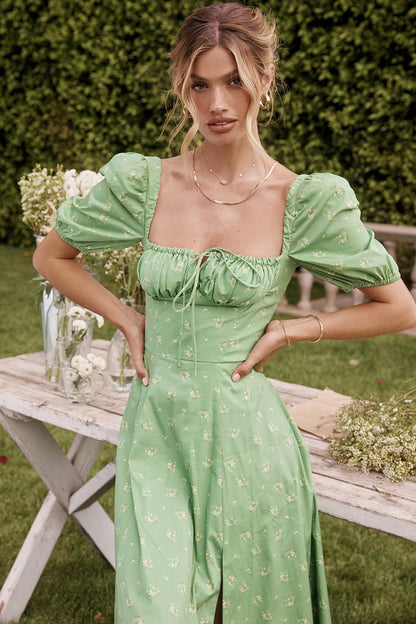 Puff Sleeve Wrap Slit Maxi Floral Dress