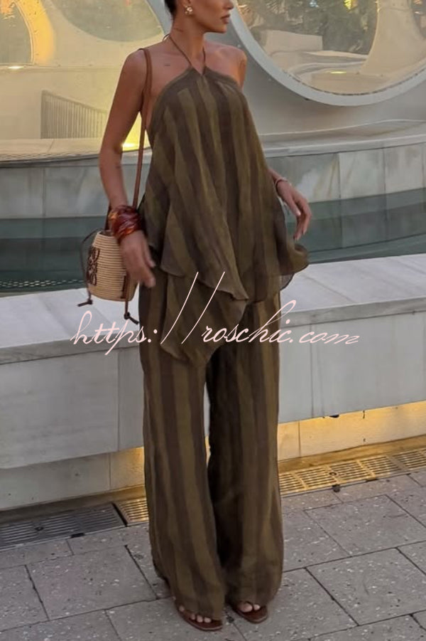 Striped Printed Halter Neck Sleeveless Asymmetrical Top and Elastic Waist Pocket Casual Wide-leg Pants Set