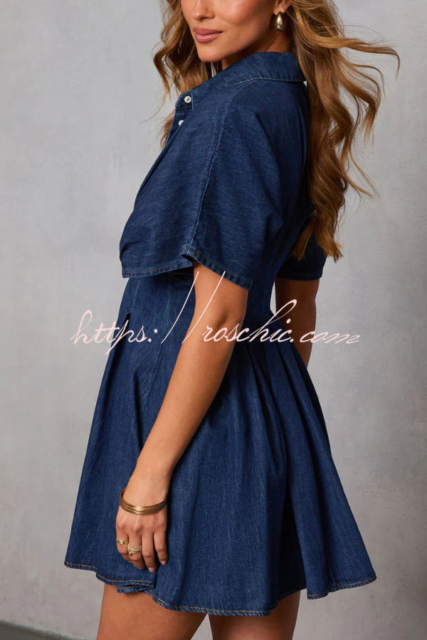 Stylish Collared Short-sleeved Fitted Waist Button-down Casual Mini Dress